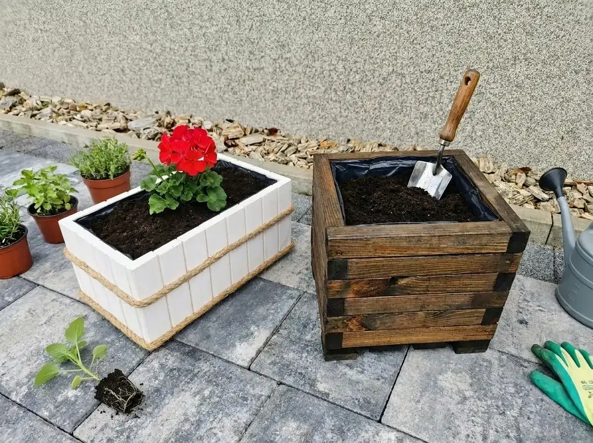 Drewniana donica balkonowa przygotowywana do sadzenia roślin